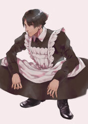 Rule 34 | 1boy, ace attorney, alternate costume, apron, arms on knees, black dress, black eyes, black footwear, black hair, collared dress, dress, full body, highres, juliet sleeves, kazuma asogi, long sleeves, looking at viewer, maid, male focus, noi350, open mouth, puffy sleeves, serious, shoes, short hair, simple background, sitting, solo, spread legs, squatting, the great ace attorney, white apron