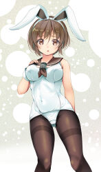 Rule 34 | 1girl, adapted costume, animal ears, blush, breasts, brown eyes, brown hair, brown pantyhose, brown sailor collar, cowboy shot, fake animal ears, gluteal fold, gradient background, grey background, highres, kantai collection, looking at viewer, medium breasts, natori (kancolle), one-piece swimsuit, open mouth, pantyhose, pantyhose under swimsuit, rabbit ears, sailor collar, short hair, solo, swimsuit, white one-piece swimsuit, yashin (yasinz)