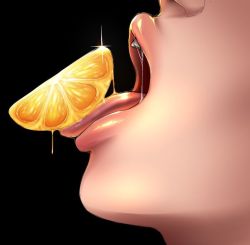 Rule 34 | androgynous, black background, commentary, english commentary, food, food focus, from side, fruit, gender request, head back, hizzacked, lips, nose, open mouth, orange (fruit), orange slice, original, saliva, sexually suggestive, solo, tongue, tongue out
