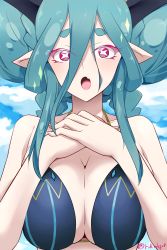 Rule 34 | 1girl, :o, bikini, bikini top only, blue bikini, blue hair, breasts, cleavage, commentary request, eyelashes, fang, fate/grand order, fate (series), highres, horns, huge breasts, long hair, looking at viewer, pointy ears, purple eyes, rdim6gr8, short eyebrows, solo, swimsuit, symbol-shaped pupils, tiamat (fate), twitter username