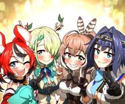 Rule 34 | 4girls, animal ears, antlers, black hair, blue eyes, blue gemstone, blue hair, blue ribbon, braid, braided bangs, branch, brown capelet, brown corset, brown eyes, brown hair, capelet, ceres fauna, ceres fauna (1st costume), chain, chain headband, collar, corset, ddolbang, detached sleeves, dress, flower, gem, green hair, grin, hair flower, hair ornament, hair over one eye, hakos baelz, hakos baelz (1st costume), head chain, hieroglyphics, highres, holocouncil, hololive, hololive english, horns, jewelry, looking at viewer, mole, mole under eye, mouse ears, multicolored hair, multiple girls, nanashi mumei, nanashi mumei (1st costume), one eye closed, ouro kronii, ouro kronii (1st costume), red hair, ribbon, sailor collar, smile, spiked collar, spikes, streaked hair, v, virtual youtuber, white hair, yellow eyes