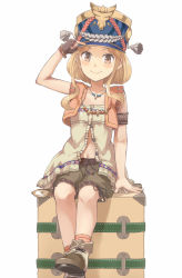 Rule 34 | &gt;:), 1girl, :d, armband, atelier (series), atelier escha &amp; logy, bad id, bad pixiv id, blonde hair, blush, boots, brown eyes, brown footwear, brown gloves, brown shorts, collarbone, fingerless gloves, gloves, hand on headwear, hat, jewelry, katla larchica, looking at viewer, machikado, necklace, open mouth, orange socks, revision, shako cap, shirt, short hair with long locks, shorts, single glove, sitting, sleeveless, sleeveless shirt, smile, socks, solo, suitcase, v-shaped eyebrows, white background, white shirt