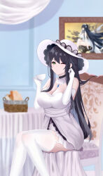 Rule 34 | 1girl, azur lane, bare shoulders, basket, black hair, blue gemstone, blurry, blurry background, breasts, cleavage, cosplay, cup, detached collar, drawing (object), dress, elbow gloves, garter straps, gem, gloves, green eyes, hand in own hair, hat, highres, holding, holding cup, illustrious (azur lane), illustrious (azur lane) (cosplay), indomitable (azur lane), indoors, large breasts, long dress, long hair, looking at viewer, one eye closed, sitting, solo, strapless, strapless dress, sun hat, teacup, thighhighs, very long hair, weitaming c, white dress, white garter straps, white gloves, white hat, white theme, white thighhighs