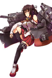 Rule 34 | 10s, 1girl, ammunition, anchor, arm rest, ayyh, bad id, bad pixiv id, bare shoulders, black socks, breasts, brown eyes, brown hair, cannon, cherry blossoms, collar, covered erect nipples, detached sleeves, flower, hair flower, hair ornament, headgear, highres, kantai collection, kikumon, kneehighs, large breasts, leg up, long hair, machinery, miniskirt, pleated skirt, ponytail, red skirt, rudder footwear, simple background, single kneehigh, single sock, single thighhigh, sitting, skirt, socks, solo, thigh strap, thighhighs, turret, white background, yamato (kancolle)