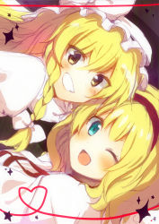 Rule 34 | 2girls, ;d, alice margatroid, blonde hair, braid, dutch angle, face, female focus, graphite (medium), grin, heart, heart of string, highres, k.ei, kirisame marisa, mixed media, multiple girls, one eye closed, open mouth, smile, touhou, traditional media