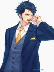Rule 34 | 1boy, alternate costume, alternate hairstyle, black hair, black suit, commentary request, facial hair, formal, goatee, grey vest, highres, jaguar print, long sideburns, male focus, necktie, one piece, short hair, sideburns, solo, suit, toyoura (23066494), trafalgar law, undershirt, upper body, vest, white background