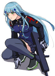 Rule 34 | 1girl, 3 small spiders, absurdres, assault rifle, black thighhighs, blue hair, blue skirt, breasts, closed mouth, crossed bangs, full body, german flag, girls&#039; frontline, gloves, green eyes, gun, h&amp;k hk416, hand on floor, highres, hk416 (girls&#039; frontline), holding, holding gun, holding weapon, long hair, looking away, rifle, shoes, sitting, skirt, solo, tactical clothes, teardrop facial mark, teardrop tattoo, thighhighs, uniform, weapon, white background, white gloves