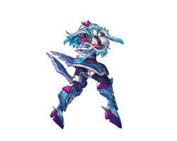 Rule 34 | 1girl, aqua hair, armor, blue eyes, boots, breasts, closed mouth, feet, female focus, full body, game cg, hands up, high ponytail, horns, huge breasts, knife, legs, legs apart, long hair, looking at viewer, melon22, original, ponytail, serious, side slit, sideboob, sidelocks, single horn, solo, standing, thighs, transparent background, weapon