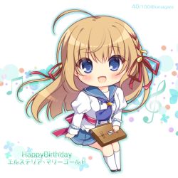Rule 34 | 1girl, :d, ahoge, beamed eighth notes, black footwear, blue eyes, blue neckwear, blue outline, blue sailor collar, blue skirt, blush, briefcase, character name, chibi, commentary request, eighth note, elsterrier marigold, fortissimo, hair between eyes, hair ornament, hair ribbon, happy birthday, juliet sleeves, kneehighs, light brown hair, long hair, long sleeves, looking at viewer, musical note, musical note hair ornament, open mouth, outline, pleated skirt, prism rhythm, puffy sleeves, red ribbon, ribbon, ryuuka sane, sailor collar, school briefcase, school uniform, serafuku, shirt, shoes, sitting, skirt, smile, socks, solo, treble clef, twitter username, very long hair, white background, white shirt, white socks