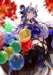 Rule 34 | 1girl, absurdres, autumn leaves, balloon, bare shoulders, black hair, blush, bow, breasts, collarbone, foot out of frame, fur trim, gold trim, hair between eyes, hair ornament, hair tubes, highres, horns, japanese clothes, jewelry, kanzashi, kimono, light purple hair, long hair, looking at viewer, medium breasts, mole, mole under mouth, multicolored hair, necklace, nijisanji, off shoulder, oni, pelvic curtain, platform footwear, pointy ears, pom pom (clothes), purple eyes, purple kimono, rin31153336, rindou mikoto, short eyebrows, skin-covered horns, smile, solo, streaked hair, thick eyebrows, thigh strap, thighhighs, very long hair, virtual youtuber