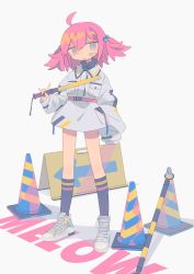 Rule 34 | 1girl, :o, absurdres, ahoge, arrow (symbol), bandaid, bandaid on face, belt, black socks, breast pocket, daizu (melon-lemon), english text, expressionless, full body, grey background, hair bobbles, hair ornament, hand up, highres, holding, jacket, kneehighs, long sleeves, looking at viewer, muted color, no nose, open mouth, original, pink hair, pocket, road sign, shoes, sign, simple background, sleeves past wrists, sneakers, socks, solo, standing, traffic baton, traffic cone, turtleneck, two side up