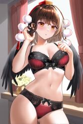 Rule 34 | 1girl, bare arms, bare shoulders, black wings, blush, bow, bow panties, bra, brown hair, commentary request, cowboy shot, curtains, feathered wings, hand up, hat, looking at viewer, md5 mismatch, navel, panties, parted lips, pom pom (clothes), red bra, red hat, resolution mismatch, shameimaru aya, short hair, solo, source larger, standing, stomach, tokin hat, touhou, uemura shun, underwear, underwear only, window, wings, yellow eyes