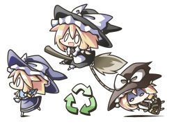 Rule 34 | 1girl, aoblue, arrow (symbol), blonde hair, broom, chibi, female focus, hat, kirisame marisa, multiple views, recycling symbol, simple background, touhou, white background, witch, witch hat
