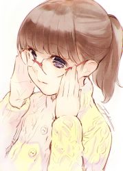 Rule 34 | adjusting eyewear, aran sweater, brown hair, cable knit, cardigan, closed mouth, expressionless, fuyuno yuuki, glasses, hands on own face, original, ponytail, purple eyes, red-framed eyewear, rimless eyewear, simple background, solo, sweater, upper body, white background