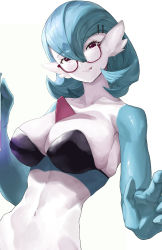 Rule 34 | 1girl, alternate color, aqua hair, armpits, between breasts, black bra, black hairclip, blue hair, bra, breasts, brown eyes, collarbone, colored skin, commentary request, creatures (company), dr. voir (nanosheep), eyelashes, game freak, gardevoir, gen 3 pokemon, glass, glasses, hair between eyes, hair ornament, hairclip, highres, horn between breasts, horns, humanization, large breasts, looking at viewer, mole, mole under eye, monster girl, navel, nintendo, no humans, pink eyes, pokemon, pokemon (creature), pokemon emerald, pokemon rse, realistic, red-framed eyewear, red horns, semi-rimless eyewear, shiny gardevoir, shiny pokemon, simple background, solo, taino kou, third-party edit, underwear, upper body, white background, white skin