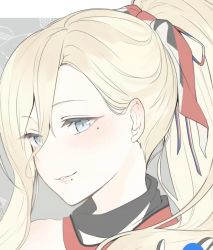Rule 34 | 1girl, bad id, bad twitter id, blonde hair, blue eyes, close-up, hair between eyes, hair ribbon, kantai collection, long hair, looking at viewer, mole, mole under eye, mole under mouth, ponytail, portrait, ribbon, richelieu (kancolle), smile, solo, yunamaro