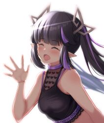 Rule 34 | 1girl, absurdres, black hair, black shirt, blunt bangs, blurry, blurry background, blush, breasts, closed eyes, commentary request, crop top, demon girl, demon horns, heart, heart print, highres, horns, kojo anna, kojo anna (1st costume), long hair, medium breasts, multicolored hair, nanashi inc., open mouth, pointy ears, print shirt, purple hair, robou no stone, russian text, shirt, simple background, sleeveless, sleeveless shirt, smile, solo, twintails, two-tone hair, upper body, virtual youtuber, waving, white background