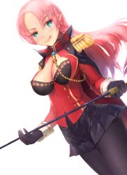 Rule 34 | 1girl, aiguillette, aqua eyes, azur lane, black bra, black cape, black gloves, black pantyhose, black skirt, blush, bra, breasts, buttons, cape, cleavage, cleavage cutout, clothing cutout, commentary, cowboy shot, duke of york (azur lane), dutch angle, earrings, epaulettes, eyebrows, eyelashes, floating hair, gem, gloves, highres, holding, holding sword, holding weapon, jewelry, large breasts, licking lips, long hair, long sleeves, looking to the side, miniskirt, miyo (miyostage), multicolored cape, multicolored clothes, pantyhose, pink hair, pleated skirt, pointy ears, popped collar, red cape, red shirt, shirt, simple background, skirt, sleeve cuffs, smile, solo, straight hair, sword, tongue, tongue out, turtleneck, underwear, weapon, white background