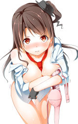 10s 1girl blush bra breasts brown_hair byte_(allbyte) collarbone earrings female_focus gloves hat highres idolmaster idolmaster_cinderella_girls jewelry long_hair looking_at_viewer mini_hat necktie one_side_up open_clothes open_shirt pink_bra red_eyes shimamura_uzuki shirt shizuka_(deatennsi) simple_background solo trembling underwear unworn_bra white_background