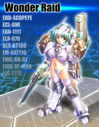 Rule 34 | 1girl, armored core, armored core 2, armored core 2: another age, breasts, c-string, cannon, from software, green hair, gun, gunner-l, large breasts, laser blade, looking at viewer, mecha musume, navel, red eyes, rifle, solo, strapless bottom, thighhighs, weapon, wonder raid