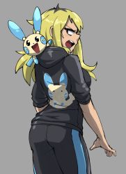 Rule 34 | 1girl, :d, ass, black hoodie, black pants, blonde hair, blue lips, breasts, character print, commentary, creatures (company), delinquent (pokemon), english commentary, from behind, game freak, gen 3 pokemon, gingrjoke, grey background, highres, hood, hood down, hoodie, long hair, looking at viewer, looking back, medium breasts, minun, nintendo, on shoulder, open mouth, pants, pokemon, pokemon (creature), pokemon on shoulder, pokemon oras, print hoodie, simple background, smile, standing, teeth, track pants, upper teeth only, waving