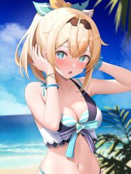 Rule 34 | 1girl, absurdres, bare shoulders, beach, blonde hair, blue eyes, blush, breasts, cleavage, collarbone, commentary request, day, hair between eyes, hair ornament, hairband, highres, hololive, hololive summer 2023 swimsuit, kazama iroha, kuchitani, long hair, looking at viewer, medium breasts, navel, ocean, open mouth, outdoors, partial commentary, ponytail, solo, swimsuit, virtual youtuber