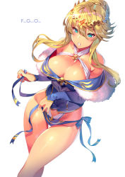 Rule 34 | 1girl, ahoge, artoria pendragon (fate), artoria pendragon (lancer) (fate), blue leotard, blush, braid, braided bun, breasts, cleavage, commentary request, crown, fate/grand order, fate (series), french braid, fur trim, green eyes, hair between eyes, hair bun, large breasts, leotard, long hair, looking at viewer, open mouth, sidelocks, simple background, solo, swept bangs, thighs, white background, yoshimoto (dear life)
