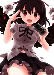 Rule 34 | 1girl, bird wings, black feathers, black hair, black ribbon, black skirt, black wings, buttons, camera, collared shirt, cowboy shot, feathered wings, feathers, hair between eyes, hat, highres, holding, holding camera, looking at viewer, neck ribbon, open mouth, pom pom (clothes), red eyes, red hat, ribbon, ribbon-trimmed shirt, ruu (tksymkw), shameimaru aya, shirt, short hair, short sleeves, simple background, skirt, smile, solo, standing, tokin hat, touhou, white background, white shirt, wings