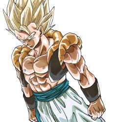 1boy abs black_vest blonde_hair cowboy_shot dragon_ball dragonball_z gogeta green_eyes highres kouji08250 male_focus medium_hair metamoran_vest muscular muscular_male no_shirt open_clothes open_vest pants simple_background solo spiked_hair super_saiyan super_saiyan_1 vest white_background white_pants