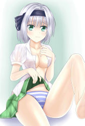 Rule 34 | 1girl, bad id, bad pixiv id, barefoot, breasts, cleavage, clothes lift, collarbone, dress shirt, frown, green eyes, groin, hair ribbon, hairband, highres, konpaku youmu, open clothes, open shirt, panties, puffy sleeves, ribbon, shirt, short hair, short sleeves, silver hair, sitting, skirt, skirt lift, solo, striped clothes, striped panties, thighs, touhou, underwear, upskirt, wendell