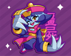 Rule 34 | 1girl, breasts, capcom, chibi, cleavage, hat, jiangshi, large breasts, lei lei, looking at viewer, one eye closed, open mouth, smile, vampire (game)
