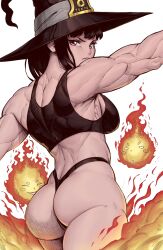 Rule 34 | 1girl, absurdres, ass, back, bare arms, bare legs, biceps, black hair, black singlet, deltoids, en&#039;en no shouboutai, fireball, hat, highres, lats, looking at viewer, looking back, maki oze, muscular, muscular female, outstretched arms, pale skin, red eyes, speedl00ver, thick thighs, thighs, thong, trapezius, witch hat