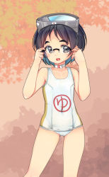 Rule 34 | 1girl, absurdres, autumn leaves, bespectacled, black hair, brown eyes, choker, cowboy shot, diving mask, diving mask on head, glasses, gluteal fold, goggles, goggles on head, gradient background, highres, kantai collection, looking at viewer, maru-yu (kancolle), one-piece swimsuit, open mouth, orange background, parted bangs, short hair, smile, solo, swimsuit, white one-piece swimsuit, yashin (yasinz)