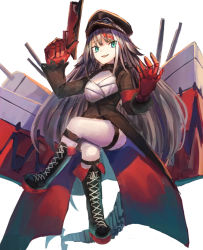 Rule 34 | 1girl, azur lane, black hair, blue eyes, boots, breasts, cleavage, cross, cross-laced footwear, deutschland (azur lane), fang, gauntlets, goggles, goggles on headwear, gun, hat, highres, iron cross, knee boots, kneeichigo, lace-up boots, multicolored hair, red hair, rigging, solo, streaked hair, weapon, white hair
