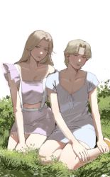 Rule 34 | 1boy, 1girl, absurdres, anna liebert, bad id, bad twitter id, blonde hair, blue eyes, breasts, brother and sister, cleavage, closed mouth, clothing request, collarbone, crop top, crossdressing, dudles, grass, hand on own leg, highres, johan liebert, lips, long hair, looking at viewer, midriff, monster (manga), navel, nose, orange footwear, parted bangs, parted lips, pectoral cleavage, pectorals, pink skirt, plant, shoes, short hair, siblings, simple background, sitting, skirt, smile, sneakers, thighs, white background, yokozuwari