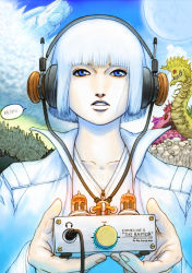 Rule 34 | androgynous, blue eyes, bob cut, cloud, day, gender request, grado labs, headphones, highres, monster, moon, original, popped collar, science fiction, short hair, solo, spacecraft, tenji sanmon, tube amplifier, white hair