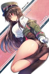 Rule 34 | 1girl, artist name, ass, black hair, black necktie, black panties, black skirt, black thighhighs, blush, character name, closed mouth, commentary request, gloves, green hat, green jacket, hat, highres, iris yuma, jacket, korean commentary, long hair, looking at viewer, maett, military, military hat, military uniform, necktie, off shoulder, panties, red eyes, removing legwear, shirt, skirt, socks, solo, soulworker, thighhighs, thighs, underwear, uniform, white gloves, white shirt
