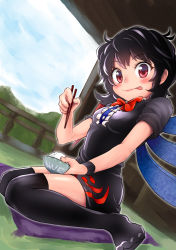 Rule 34 | 1girl, asymmetrical wings, black dress, black hair, black thighhighs, bow, bowl, bowtie, breasts, chopsticks, cloud, cloudy sky, day, dress, eyebrows, food, goroumaru, highres, holding, holding bowl, houjuu nue, looking at viewer, miniskirt, pink lips, red bow, red eyes, rice, rice bowl, sitting, skirt, sky, small breasts, solo, thighhighs, tongue, tongue out, touhou, wariza, wings
