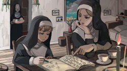 Rule 34 | 3girls, absurdres, age difference, book, brick wall, cake, cake slice, candle, clumsy nun (diva), cross, cup, diva (hyxpk), drawing, food, frown, habit, highres, indoors, little nuns (diva), mole, mole under eye, mother superior (diva), multiple girls, nun, pencil, photo (object), picture frame, plate, revision, strict nun (diva), studying, table, tea, teaching, teacup, traditional nun, veil, writing