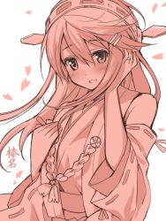 Rule 34 | 10s, 1girl, bare shoulders, blush, hair ornament, hairband, hairclip, hand on own cheek, hand on own face, haruna (kancolle), jewelry, kantai collection, looking at viewer, monochrome, myama, nontraditional miko, open mouth, personification, ribbon-trimmed sleeves, ribbon trim, ring, smile, solo, upper body, wedding band