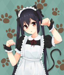 Rule 34 | 1girl, alternate costume, animal hood, apron, argyle, argyle background, argyle clothes, black bow, black hair, bow, brown eyes, cat hood, cat tail, enmaided, hair bow, hijouguti, hood, k-on!, long hair, looking at viewer, maid, maid apron, maid headdress, nakano azusa, paw pose, paw print, paw print pattern, standing, tail, twintails, wrist cuffs