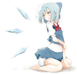 Rule 34 | 1girl, absurdres, bad id, bad pixiv id, barefoot, bloomers, blue eyes, blue hair, bow, cirno, dzuu, full body, hair bow, highres, ice, ice wings, matching hair/eyes, open mouth, puffy sleeves, shirt, short hair, short sleeves, simple background, sitting, skirt, skirt set, solo, touhou, underwear, vest, white background, wings