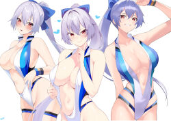 Rule 34 | 1girl, bare shoulders, blue bow, blue hair, blue one-piece swimsuit, blush, bow, breasts, casual one-piece swimsuit, center opening, cleavage, collarbone, contrapposto, fate/grand order, fate (series), grin, hair between eyes, hair bow, hair intakes, halterneck, highleg, highleg swimsuit, highres, kurozawa yui, large breasts, long hair, looking at viewer, multiple views, navel, one-piece swimsuit, open mouth, ponytail, red eyes, simple background, skindentation, smile, stomach, swimsuit, thigh strap, thighs, tomoe gozen (fate), tomoe gozen (swimsuit saber) (fate), tomoe gozen (swimsuit saber) (first ascension) (fate), tsurime, two-tone swimsuit, white background, white hair, white one-piece swimsuit, wristband