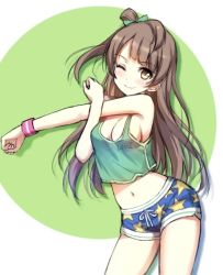 Rule 34 | 10s, 1girl, ;), bare shoulders, blush, breasts, brown eyes, cleavage, contrapposto, cowboy shot, crop top, crop top overhang, dolphin shorts, downblouse, grey hair, long hair, looking at viewer, love live!, love live! school idol project, medium breasts, midriff, minami kotori, navel, no bra, one eye closed, one side up, short shorts, shorts, smile, solo, standing, star (symbol), star print, stretching, tank top, tonee, wink, wristband