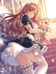 Rule 34 | 1girl, apron, arisugawa natsuha, bridal garter, brown eyes, brown hair, commentary request, frilled skirt, frills, highres, idolmaster, idolmaster shiny colors, infinote, light particles, long hair, looking back, maid, maid apron, railing, signature, skirt, solo, stairs, thigh strap, thighhighs, white thighhighs, window