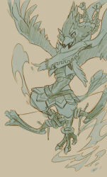 Rule 34 | 1boy, animal feet, arms up, bandana, beak, bird boy, bird legs, bird tail, body fur, bow (weapon), braid, brown background, claws, dust, holding with feet, furry, furry male, happy, holding, holding bow (weapon), holding weapon, looking down, male focus, monochrome, nintendo, one eye closed, open mouth, outstretched arms, quad tails, revali, rito, scarf, short hair, shoulder pads, simple background, sketch, smile, solo, tail, the legend of zelda, the legend of zelda: breath of the wild, ukata, weapon, winged arms, wings, wink