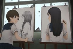 Rule 34 | 2girls, backlighting, bird, black eyes, brown hair, clip, commentary, dark, drawing, easel, eye contact, hand on another&#039;s cheek, hand on another&#039;s face, indoors, long hair, looking at another, looking to the side, multiple girls, oekaki musume, open mouth, original, pencil, pidgeon, school uniform, serafuku, short hair, sitting, sky, smile, window, yajirushi (chanoma)