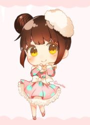 Rule 34 | 1girl, brown hair, chibi, closed mouth, commentary, commission, dress, english commentary, frilled dress, frills, hair bun, hands up, long sleeves, looking at viewer, mochii, original, pink background, pink dress, pink footwear, shoes, signature, single hair bun, smile, solo, yellow eyes