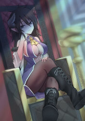 Rule 34 | 1girl, absurdres, ars rg0412, black footwear, black hair, black pantyhose, boots, bored, breasts, center opening, cleavage, commentary request, crossed legs, demon, demon girl, demon horns, glaring, grey eyes, highres, horns, isekai one turn kill nee-san: ane douhan no isekai seikatsu hajimemashita, kilmaria (ichigeki ane), large breasts, leather, leather boots, long hair, looking to the side, messy hair, pantyhose, pointy ears, revealing clothes, sitting on throne, solo, thighs, throne