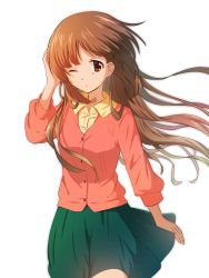 Rule 34 | 1girl, aged up, alternate hair length, alternate hairstyle, blue skirt, brown eyes, brown hair, cardigan, casual, collared dress, cowboy shot, dress, girls und panzer, hand in own hair, highres, long hair, long sleeves, looking at viewer, miniskirt, nishizumi miho, one eye closed, pink cardigan, rurikoke, shirt, simple background, skirt, solo, standing, white background, wind, wing collar, yellow shirt